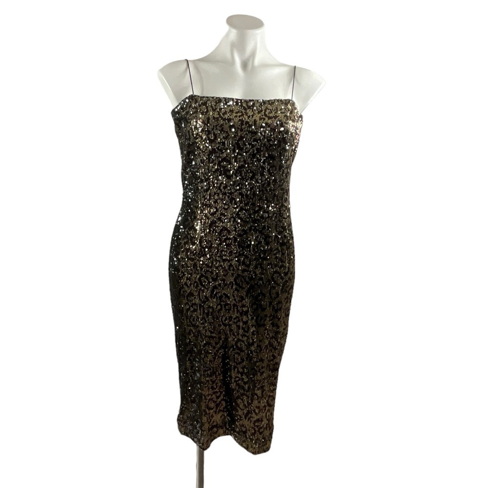 Milly Leopard Print Square Neck‎ Spaghetti Strap Sequin Midi Shift Dress